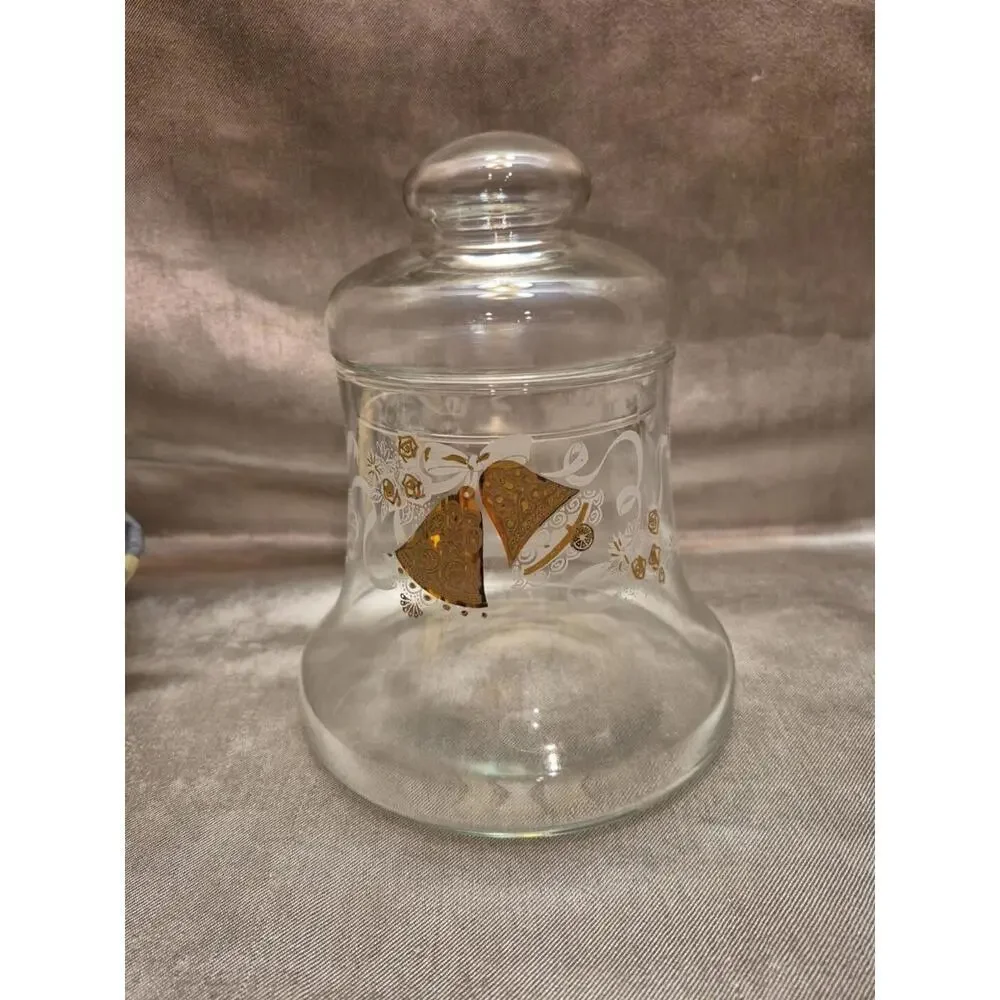 VTG Xmas Glass Bell Shaped Lidded Candy Dish Ribbons Roses Gold Bells Cherubs 7”